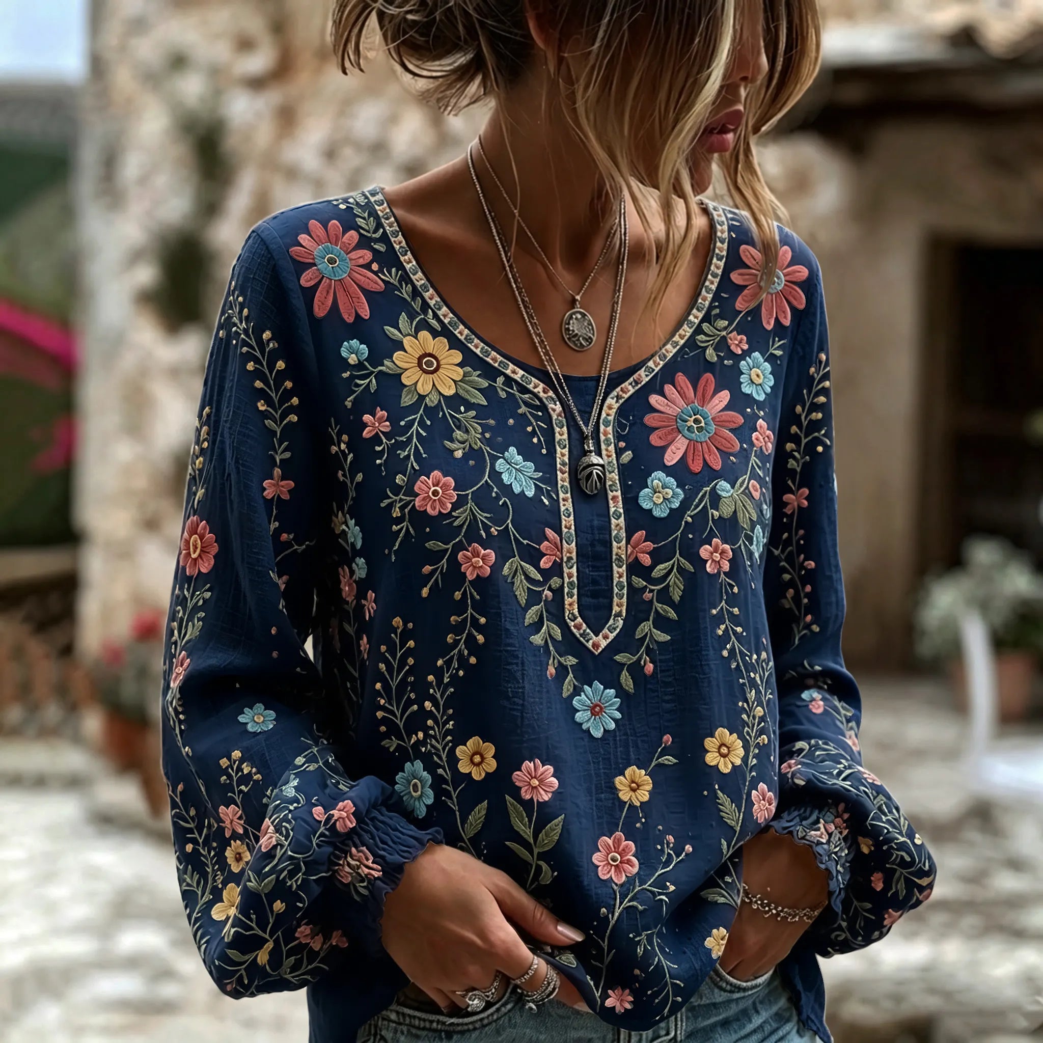 Women's Vintage Floral Art Print Flowy Linen Blend Linen Blend Long Sleeve Casual Tops
