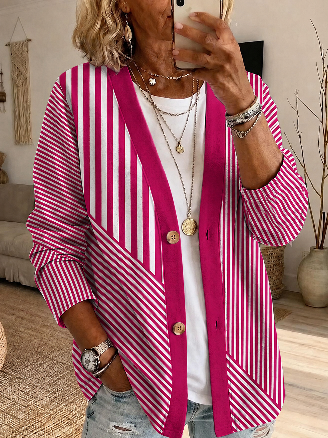 Women'S Casual Pink gradient Cardigan Top