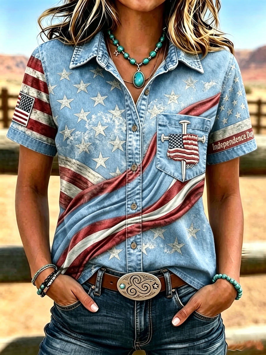 Women's Western-style vintage shirt with flag pattern