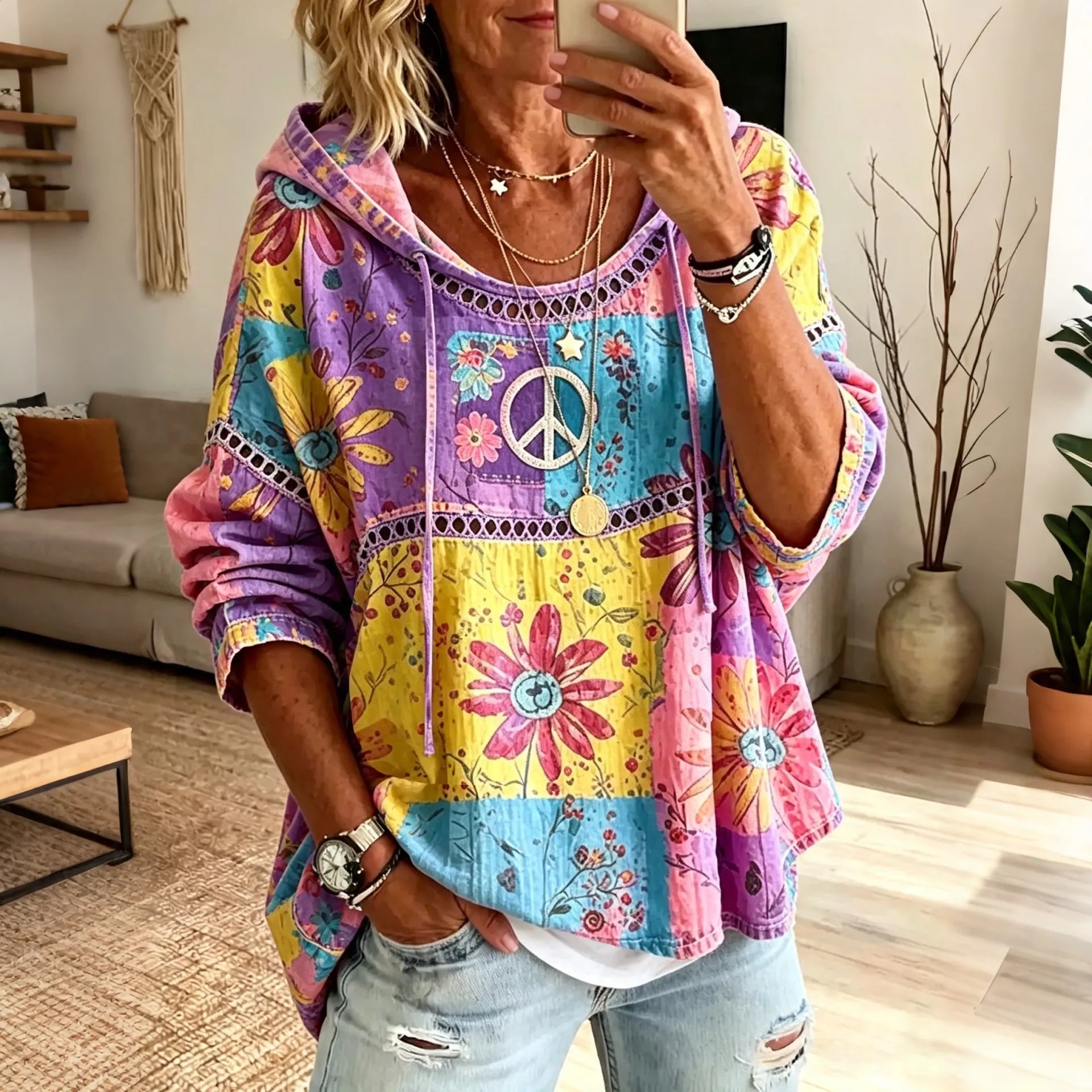 Women's Retro Color Block Hippie Vacation Cotton Linen Hooded Top