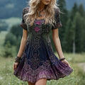 Women's Vintage Romantic Celtic Knot With Floral Art Linen Blend  Round Neck Mini Dress