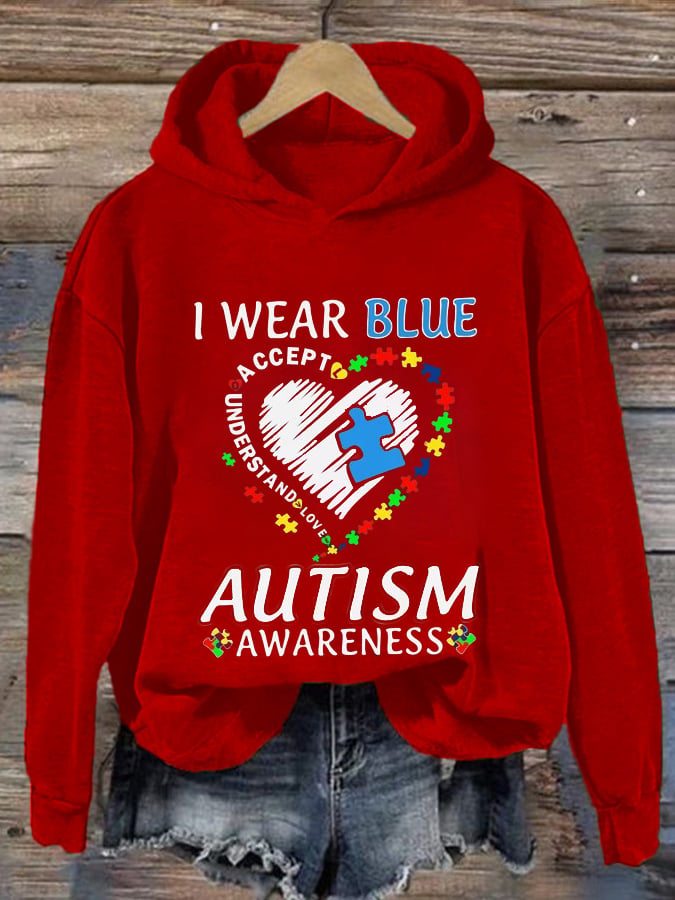 Women'S  I Wear Blue For Autism Awareness Print Casual Hoodie