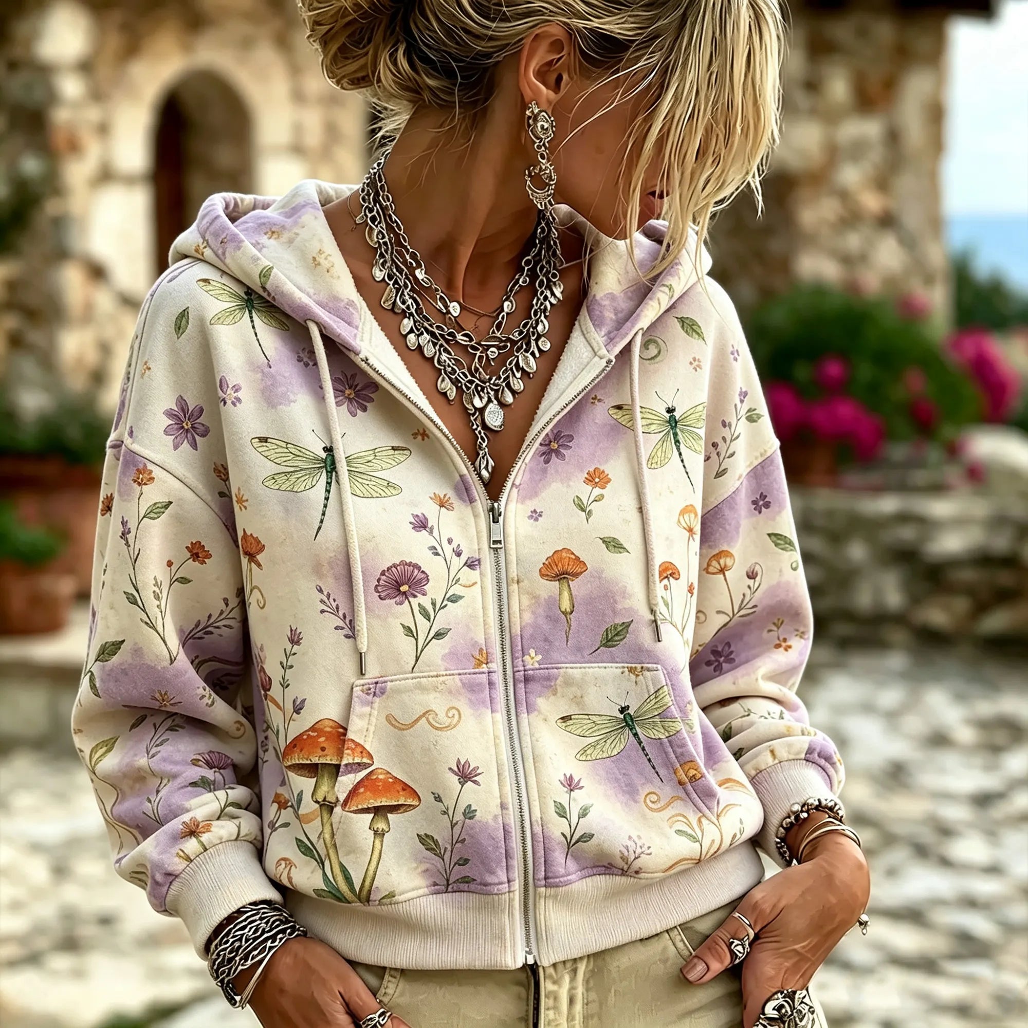 Women's Retro Washed Bohemian Style Dragonfly Mushroom Wildflower Print Zip-up Sweatshirt