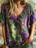 Women's Vintage Bohemian Rose And Dragonfly Embroidered Print Top