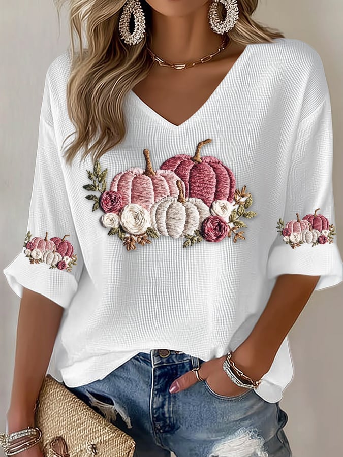 Women's Casual Pink Pumpkin Waffle T-Shirt