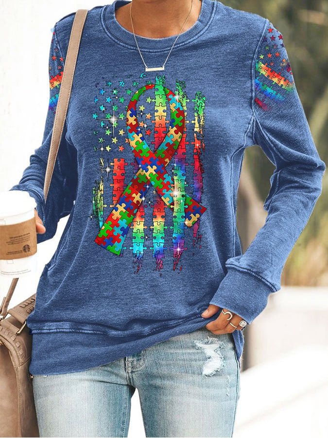 Women’s Retro Autism Awareness Colorful Puzzle Pieces Ribbon American Flag Print Sweatshirt