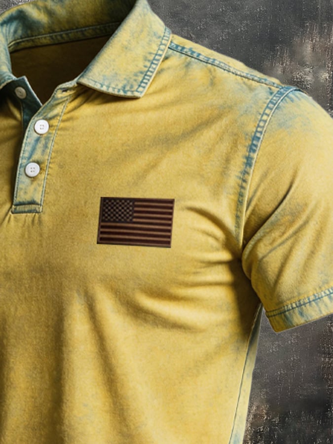 Men's Retro Patriotic Color-Block Short-Sleeve Polo Shirt