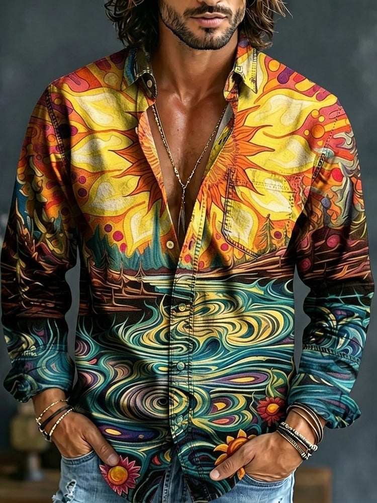 Men's Retro Hippie Sun Art Print Long Sleeve Shirt
