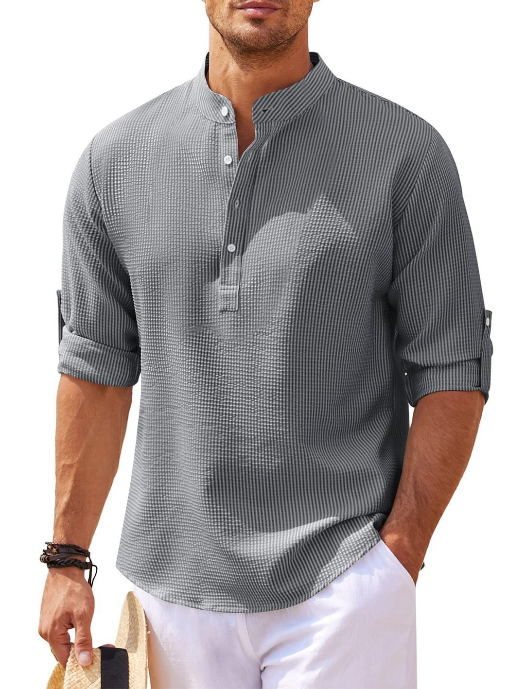 Men's Regular Fit Solid Color Waffle-knit Jacquard Long Sleeve Tee