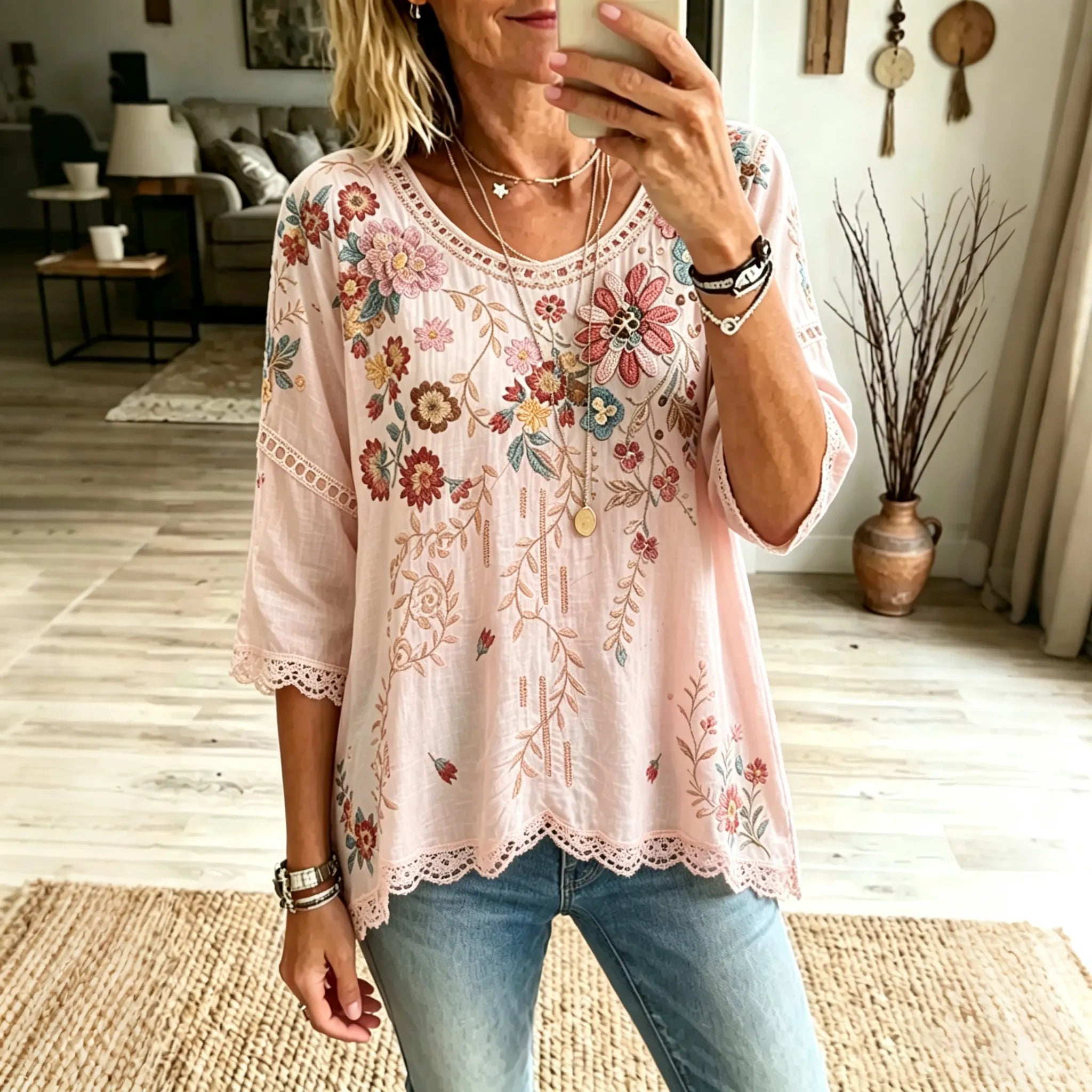 Women's Floral Design Short-sleeved Linen T-shirt