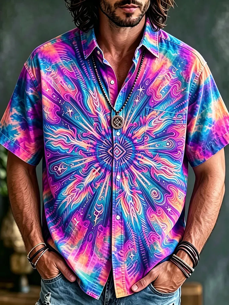 Men's Bohemian-style Tie-dye Short-sleeved Button-down Shirt, Decorated With Sunburst Mandala And Geometric Patterns.