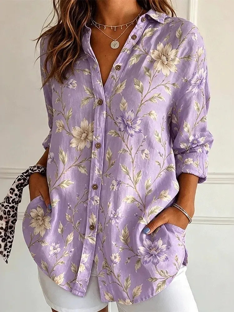 Women's Purple Vintage Floral Print Lapel Pocket Long Sleeve Button Up Shirt