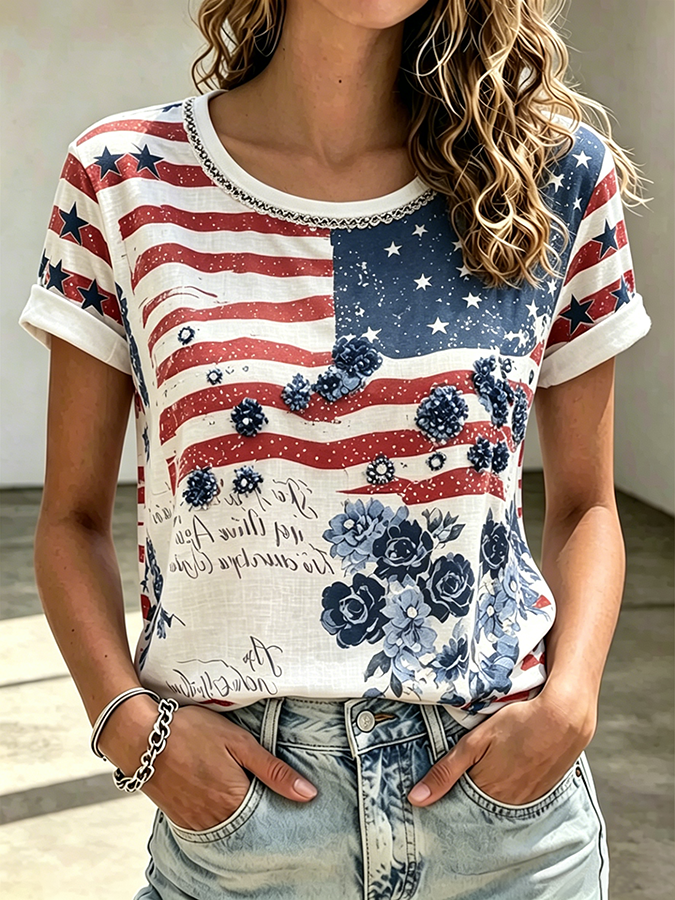 Ladies' Casual American 250Th Anniversary Flower Commemorative Round Neck Short Sleeved T-Shirt