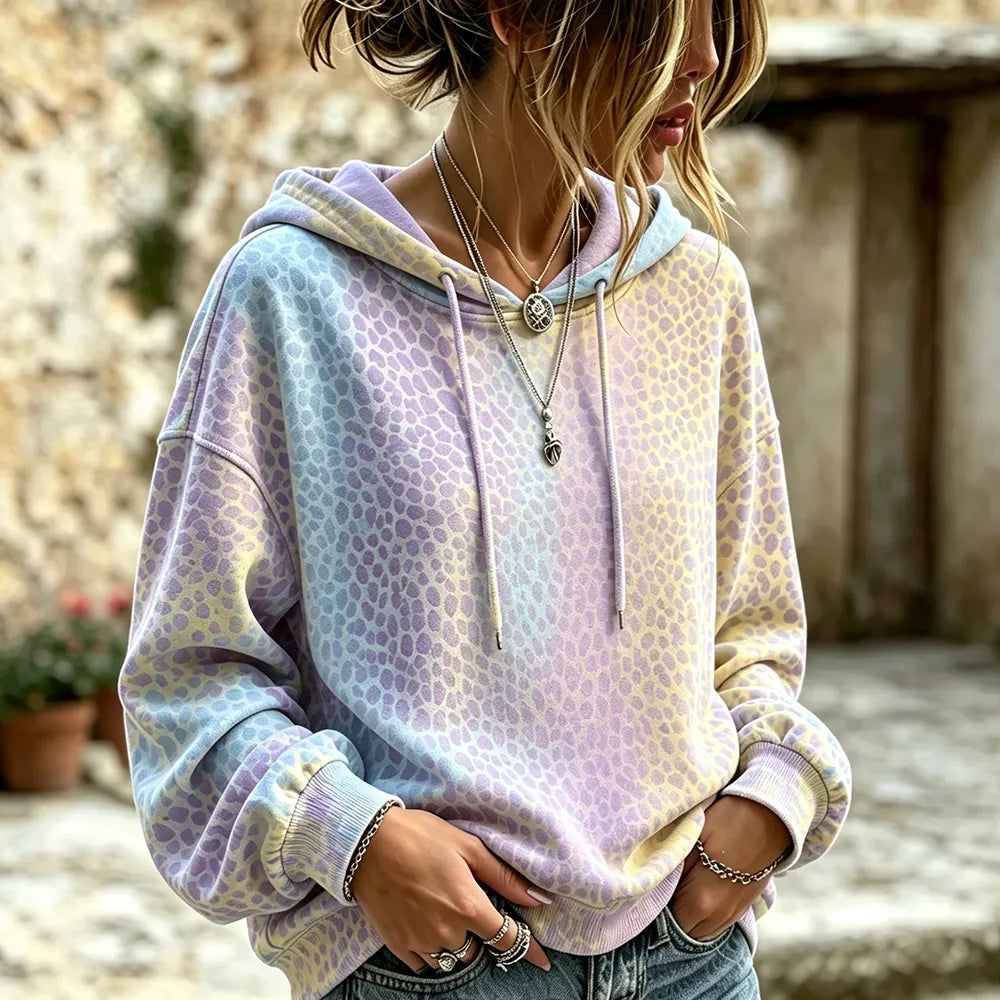 Women's Pastel Gradient Hoodie With Animal Spot And Leopard Print