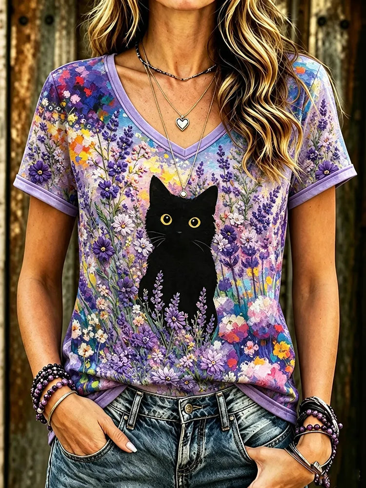 Women's Black Cat Art Print With Purple Flowers Alzheimer's Awareness T-shirt