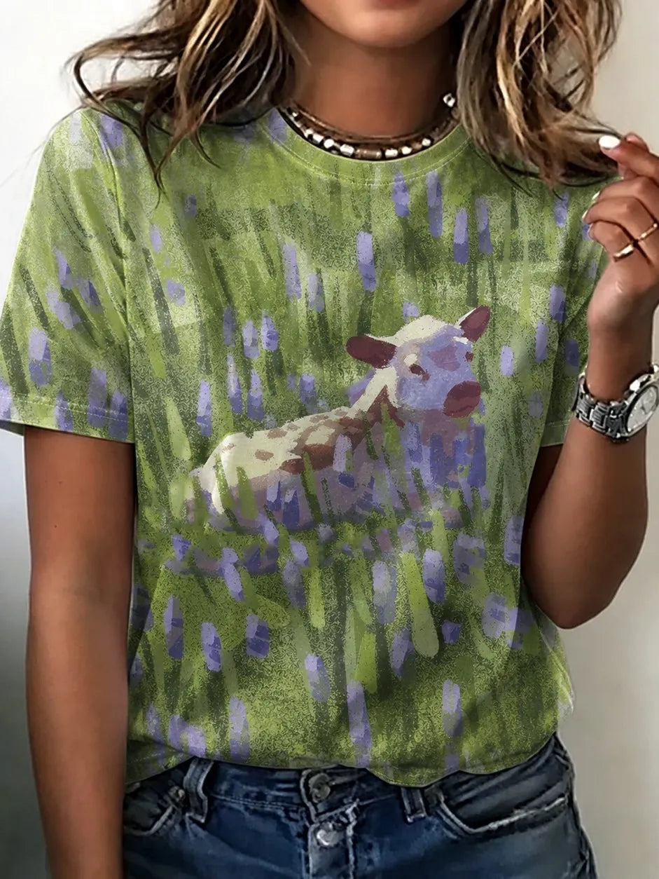 Women's Retro Bohemian Style Calf Print Cotton Linen T-shirt