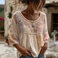 Women's Vintage Boho Floral Embroidered Patchwork Art Crew Neck Linen Blend T-shirt