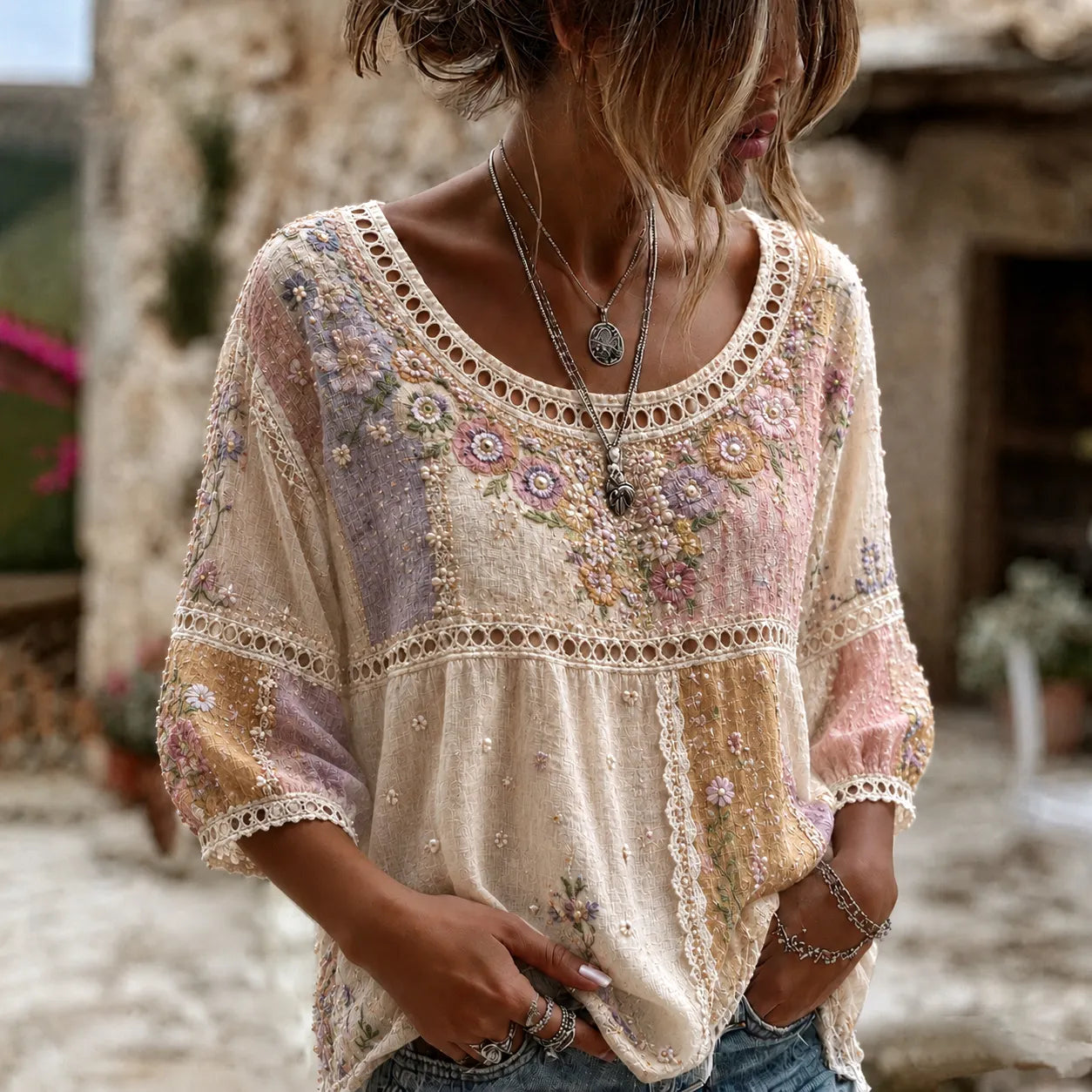 Women's Vintage Boho Floral Embroidered Patchwork Art Crew Neck Linen Blend T-shirt