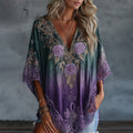 Women's Vintage Celtic Knot Floral Gradient Art Flowy Linen Blend Casual Tops