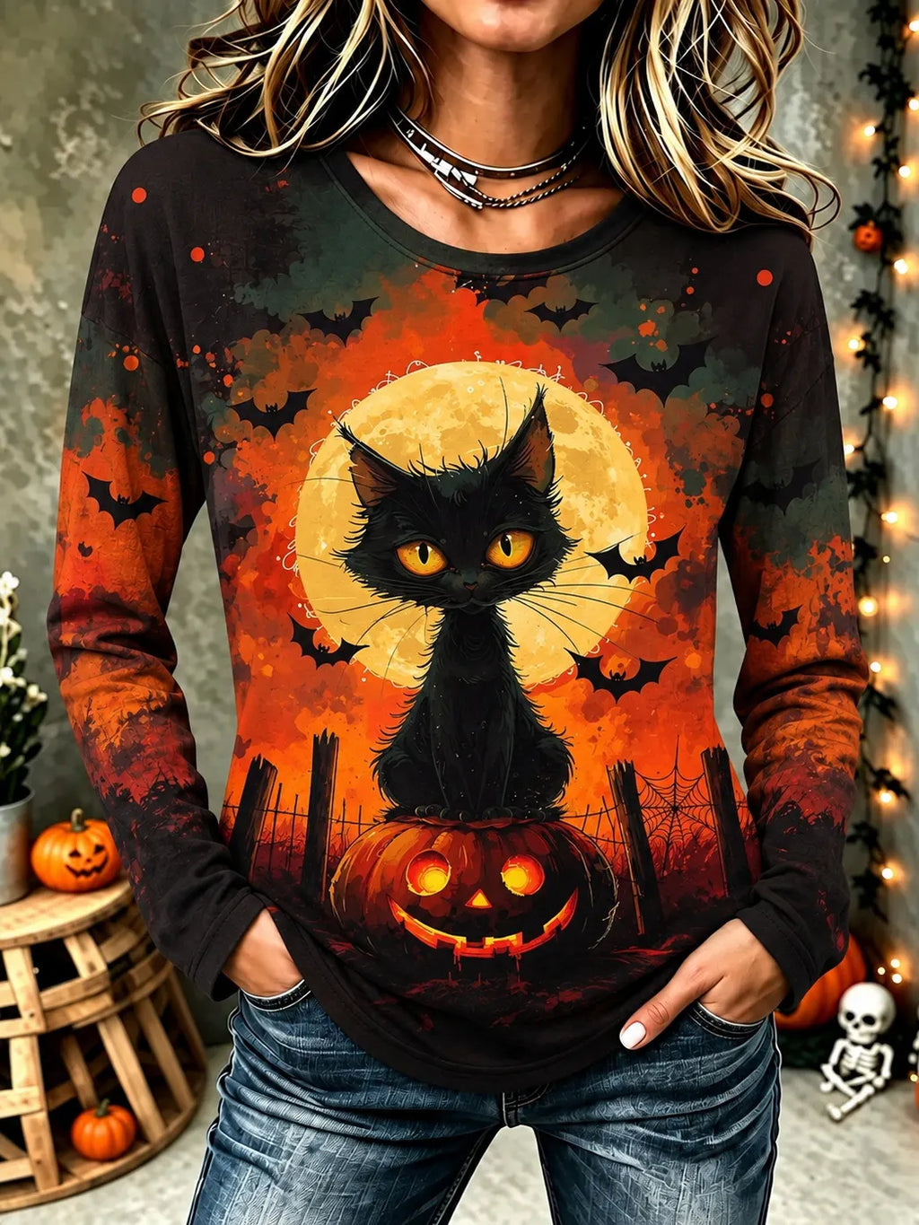 Women's Vintage Gothic Halloween Cat Print Comfy Print Long Sleeve Tshirt