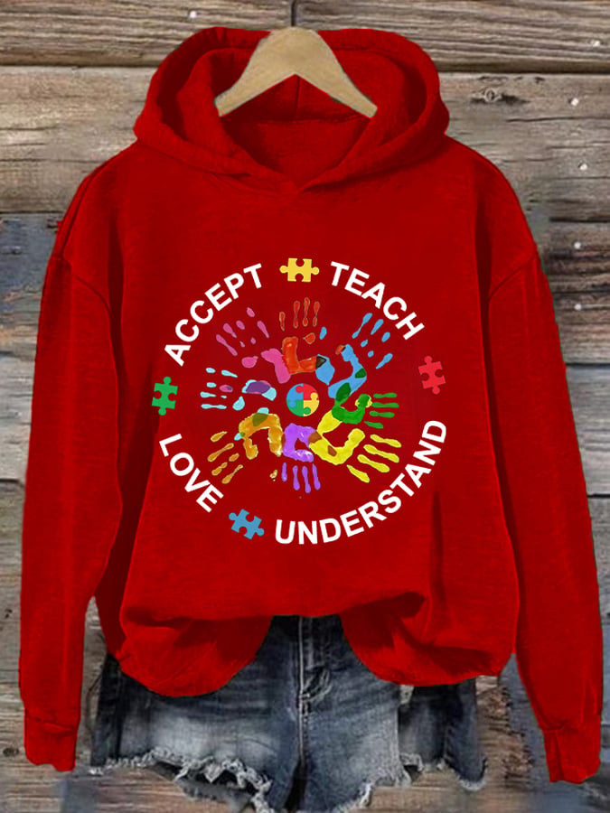 Women's Autism Teach Love Understand Print Hoodie