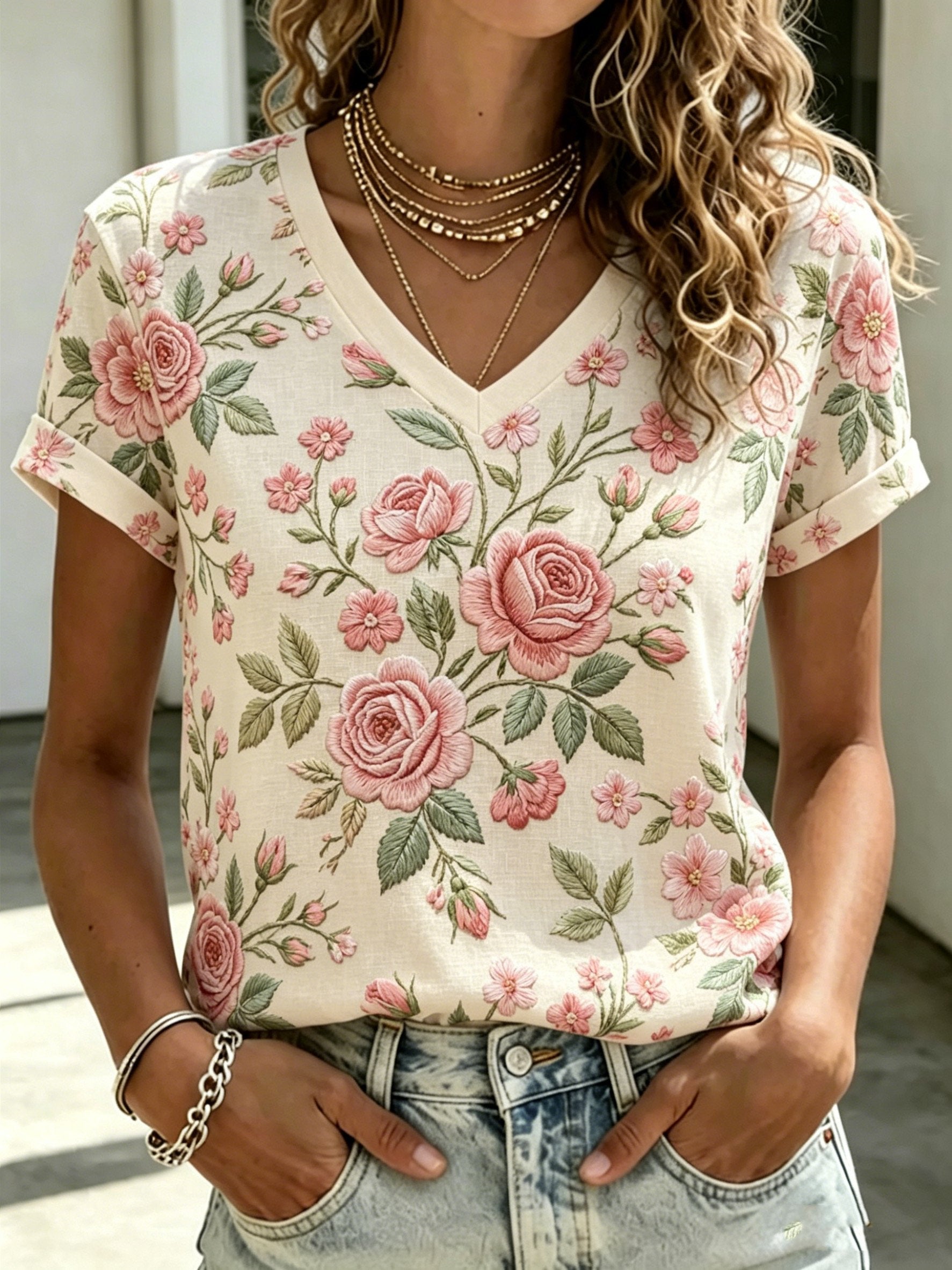Women's Floral Print V-Neck Top
