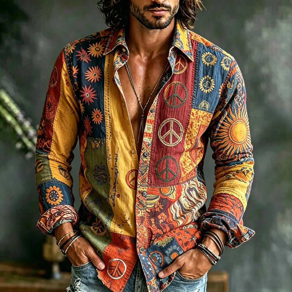 Men's Retro Hippie Peace Logo Color Block Print Casual Shirt