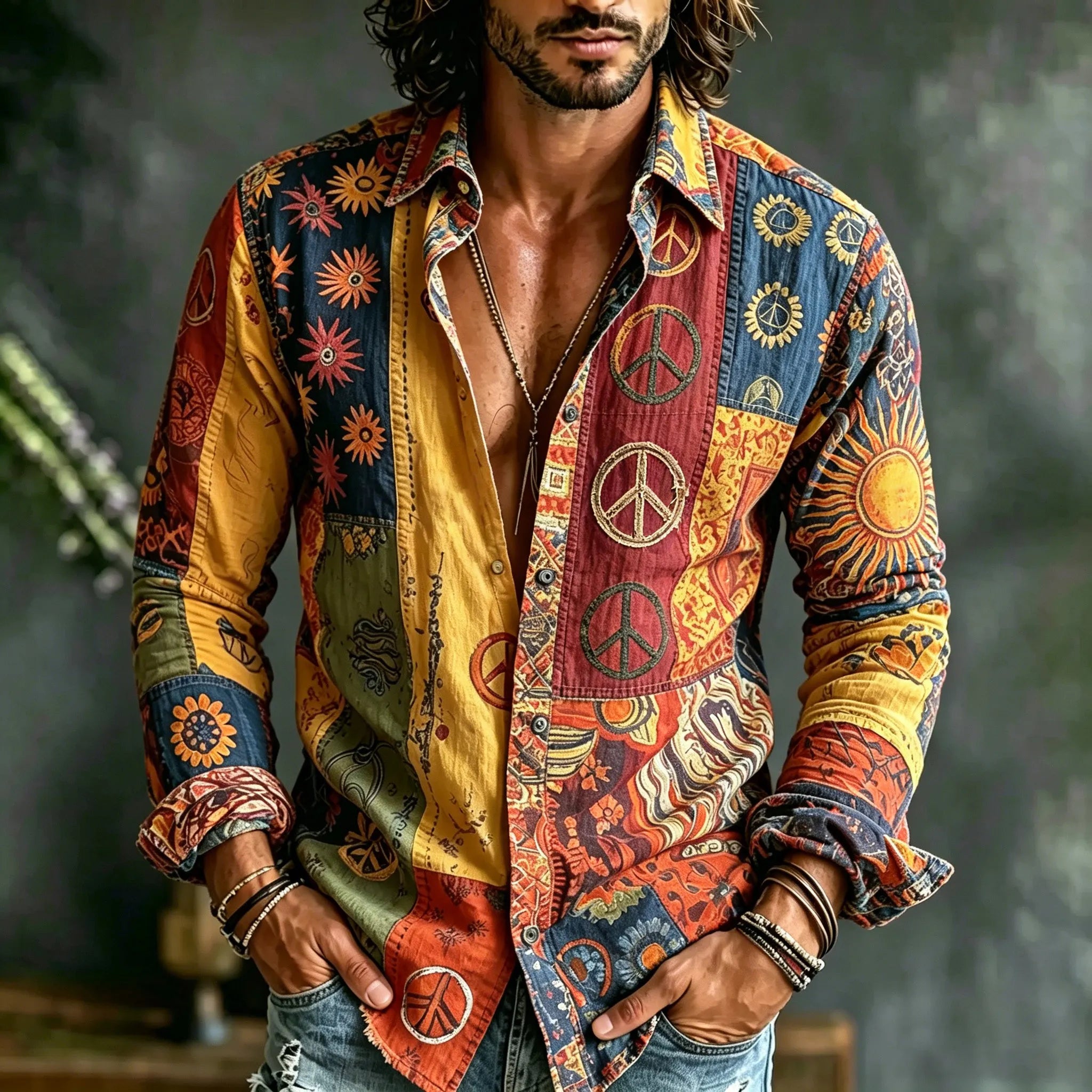 Men's Retro Hippie Peace Logo Color Block Print Casual Shirt
