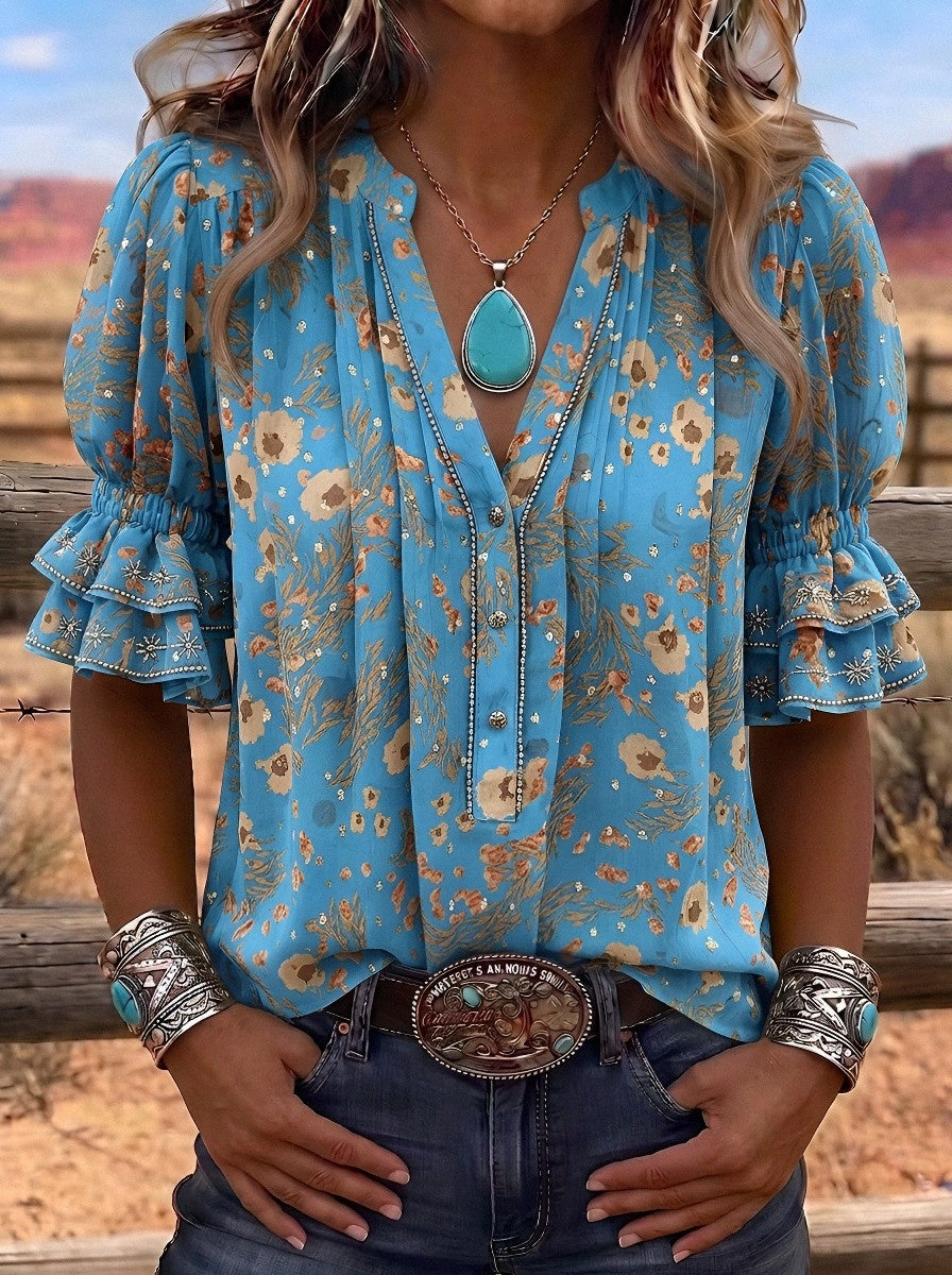 Women's Western Vintage Floral Ruffle Sleeve Printed Top