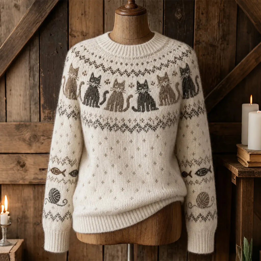 Women's Vintage Cats Yoke Isle Pattern Print Cozy Crew Neck Sweater