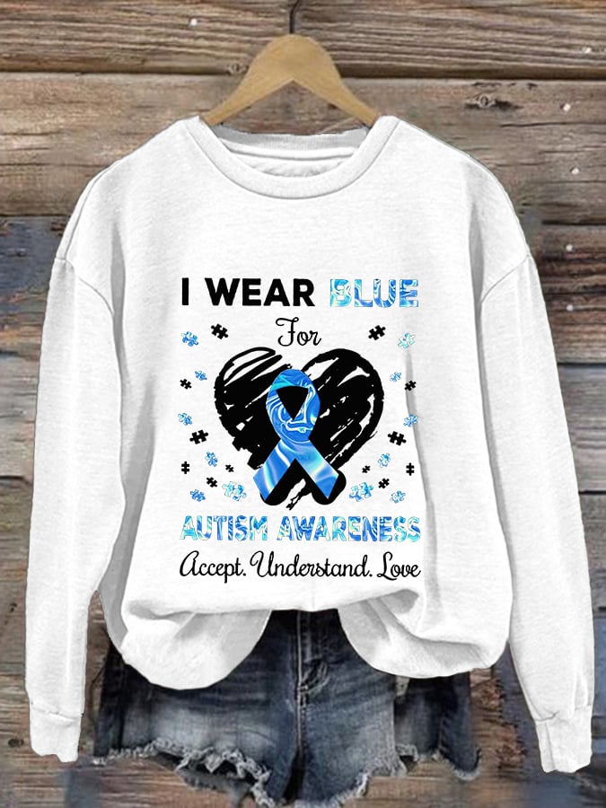Retro I Wear Blue For Autism Awareness Accept Understand Love Print Sweatshirt