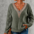Elegant Lace-trimmed V-neck Long-sleeved Pullover Knit Sweater