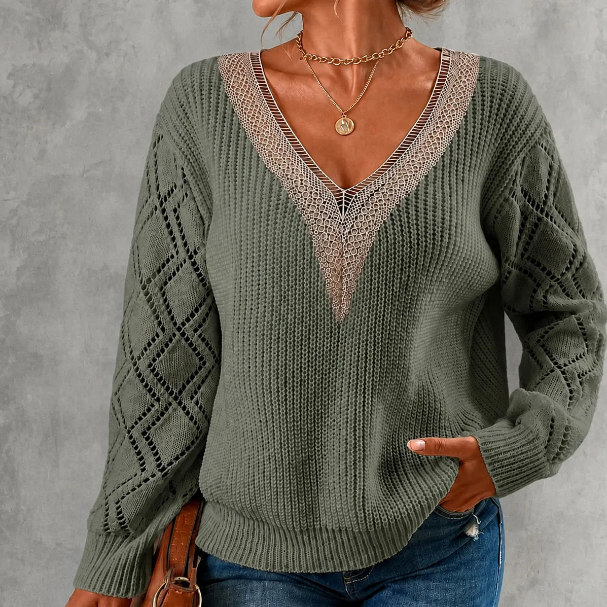 Elegant Lace-trimmed V-neck Long-sleeved Pullover Knit Sweater