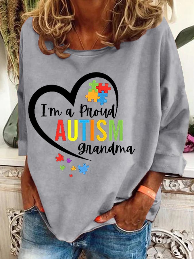 Retro Autism Awareness Love Heart Puzzle I'm A Proud Autism Grandma Print Sweatshirt