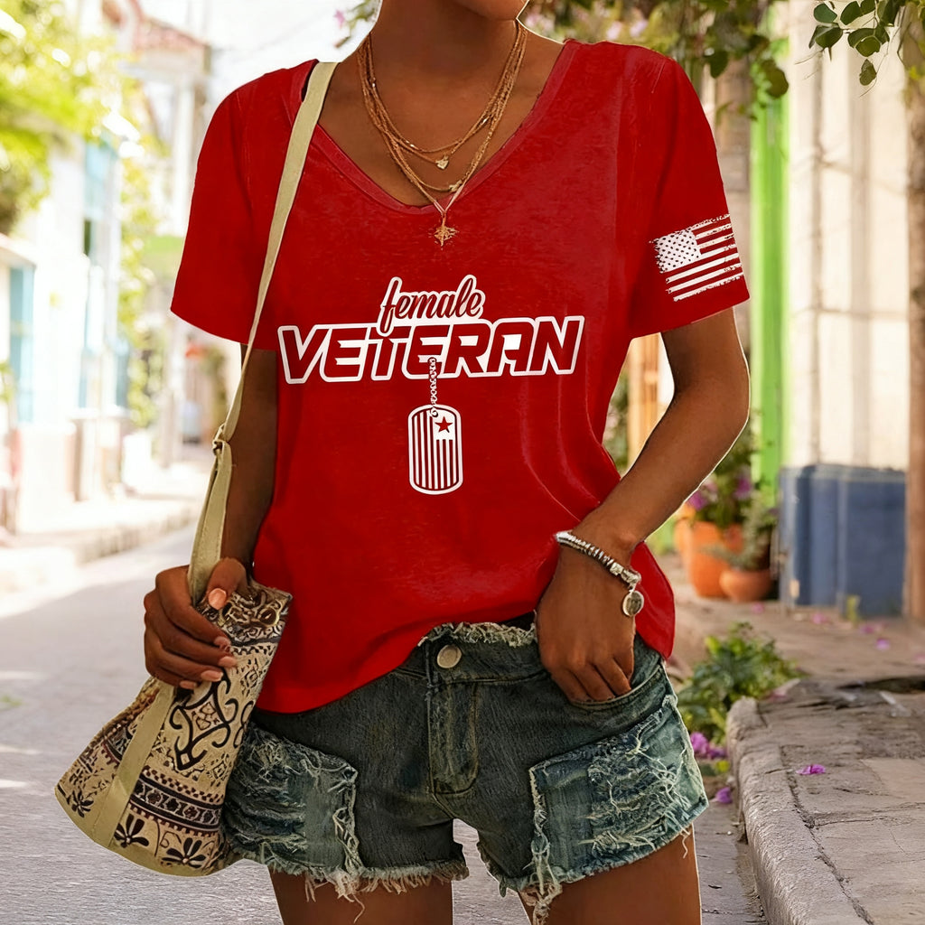 Women's "Female Veteran" Printed V-Neck T-Shirt