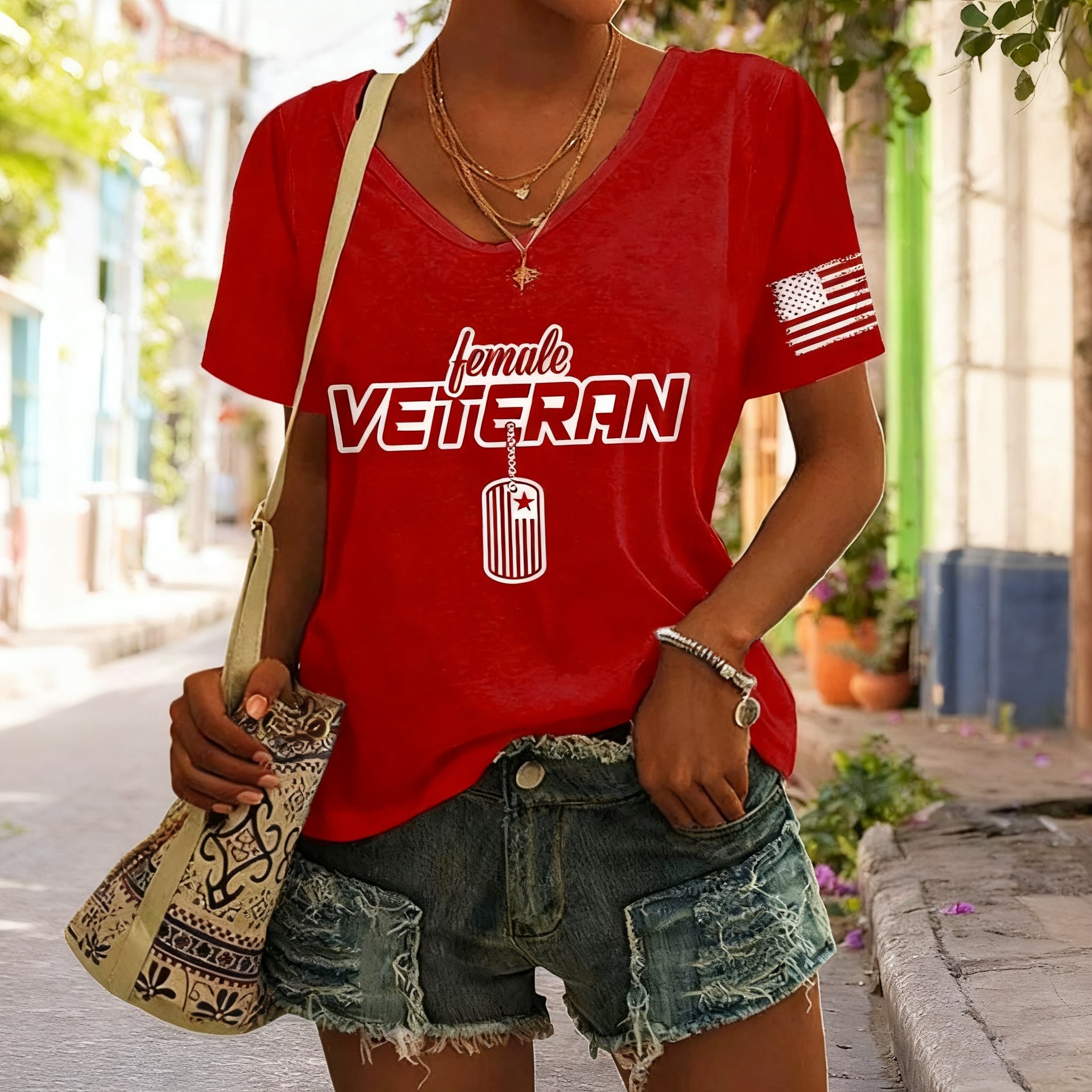 Women's "Female Veteran" Printed V-Neck T-Shirt