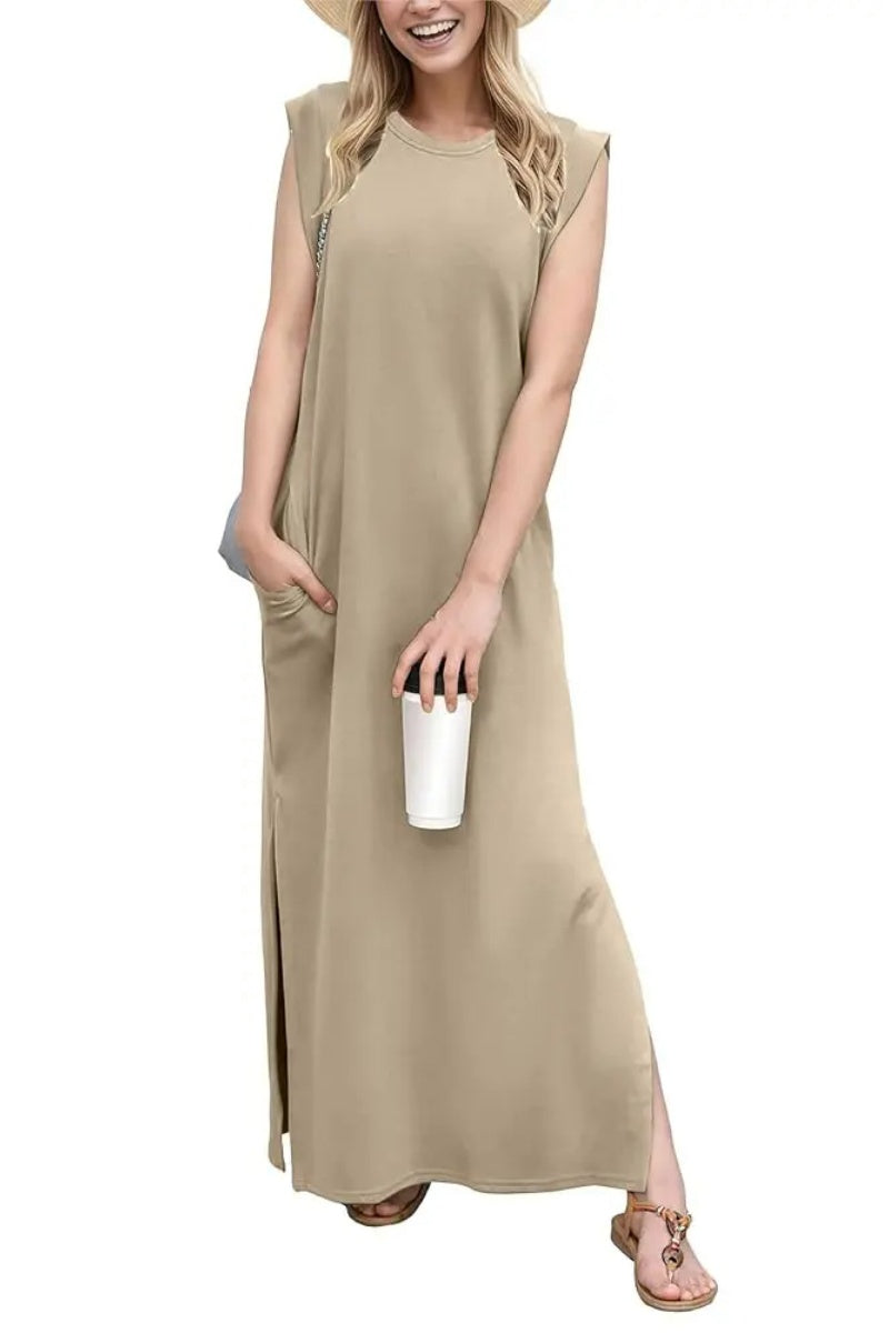 Women Summer Round Neck Casual Loose Split Wrinkle-Free Long Maxi Vacation Dress with Pockets