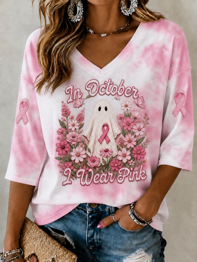 Women'S In October We Wear Pink Printed Mid-Length Sleeves V-Neck T-Shirt