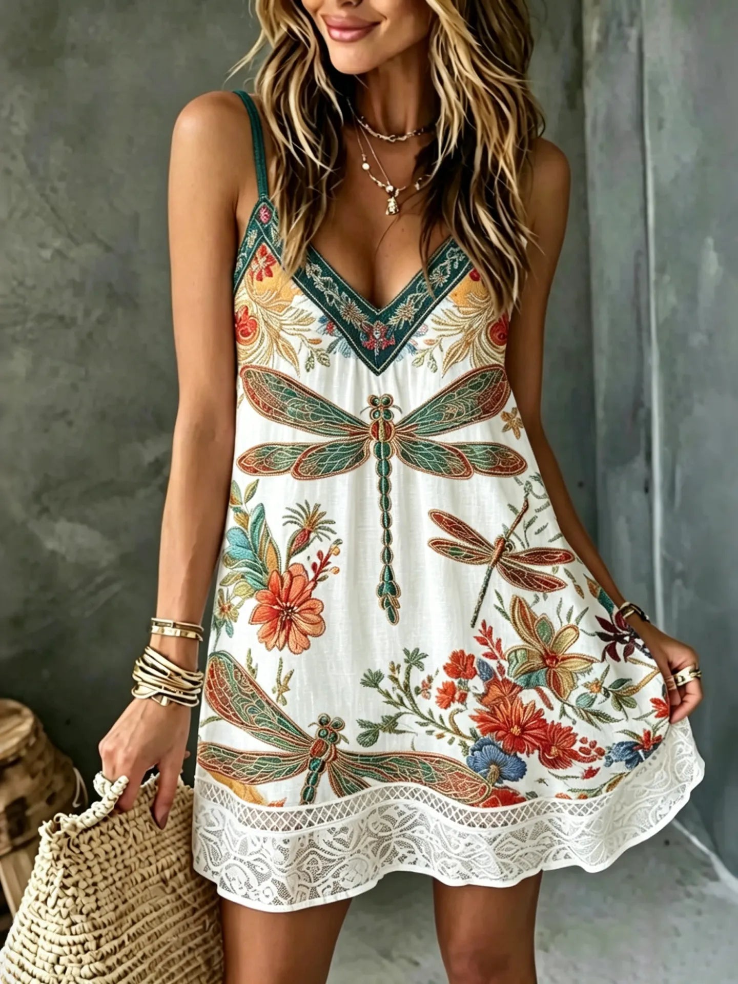 Women's Vintage Dragonfly And Floral Art Embroidered Linen Blend V Neck Camisole Mini Dress