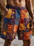 Vintage Hippie Sun Moon Stars And Peace Symbol Art Patchwork Distressed Cotton Linen Shorts