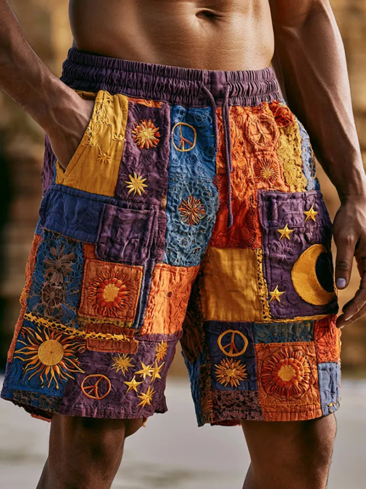 Vintage Hippie Sun Moon Stars And Peace Symbol Art Patchwork Distressed Cotton Linen Shorts