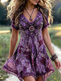 Women's Vintage Bohemian Style Butterfly And Rose Floral Embroidered Print Dress