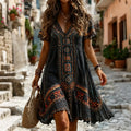 Women's Retro Hippie Art Print Casual Linen Blend Midi Dress