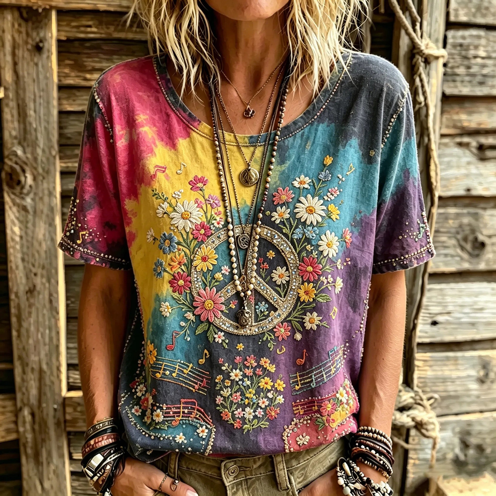Women's Retro Tie-dye Hippie Peace Logo Floral Art Embroidery Casual Cotton Linen T-shirt