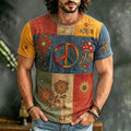 Men's Vintage Hippie Flower Peace Art Patchwork Design Short Sleeve T-shirt