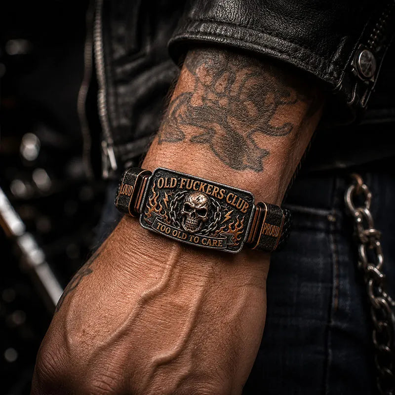 Old Fuckers Club Men’s Vintage Skull Flame Biker Braided Bracelet Gift Set
