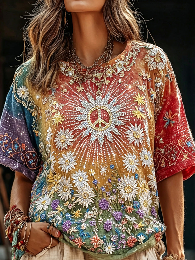 Women's Retro Tie-dye Peace Symbol Floral Embroidery Casual T-shirt