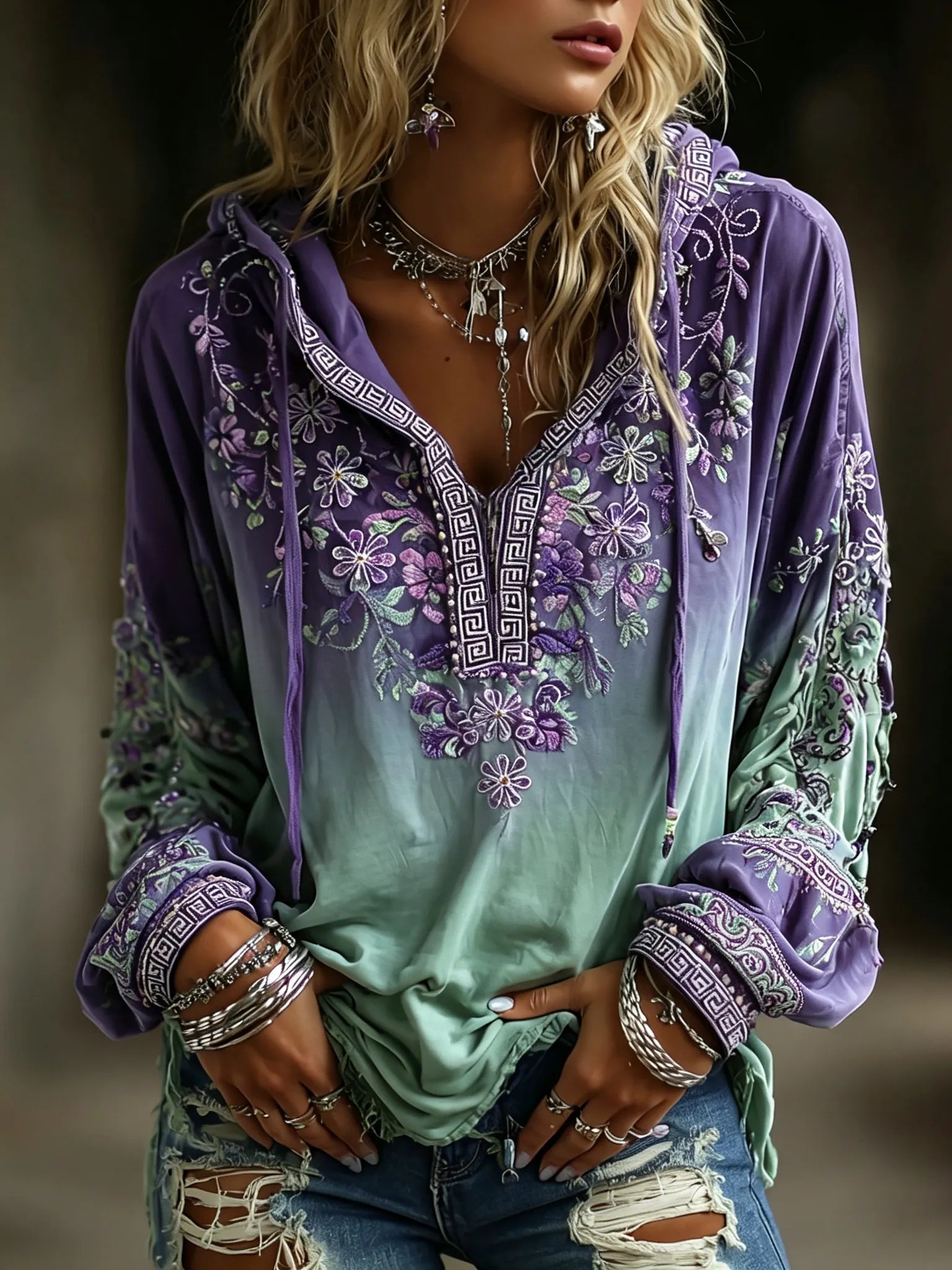 Women's Vintage Boho Floral Gradient Art Print Flowy Linen Blend Casual Hooded Tops