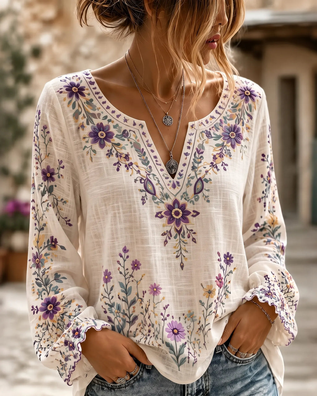Women's Retro Boho Floral Art Cotton Linen V Neck T-shirt