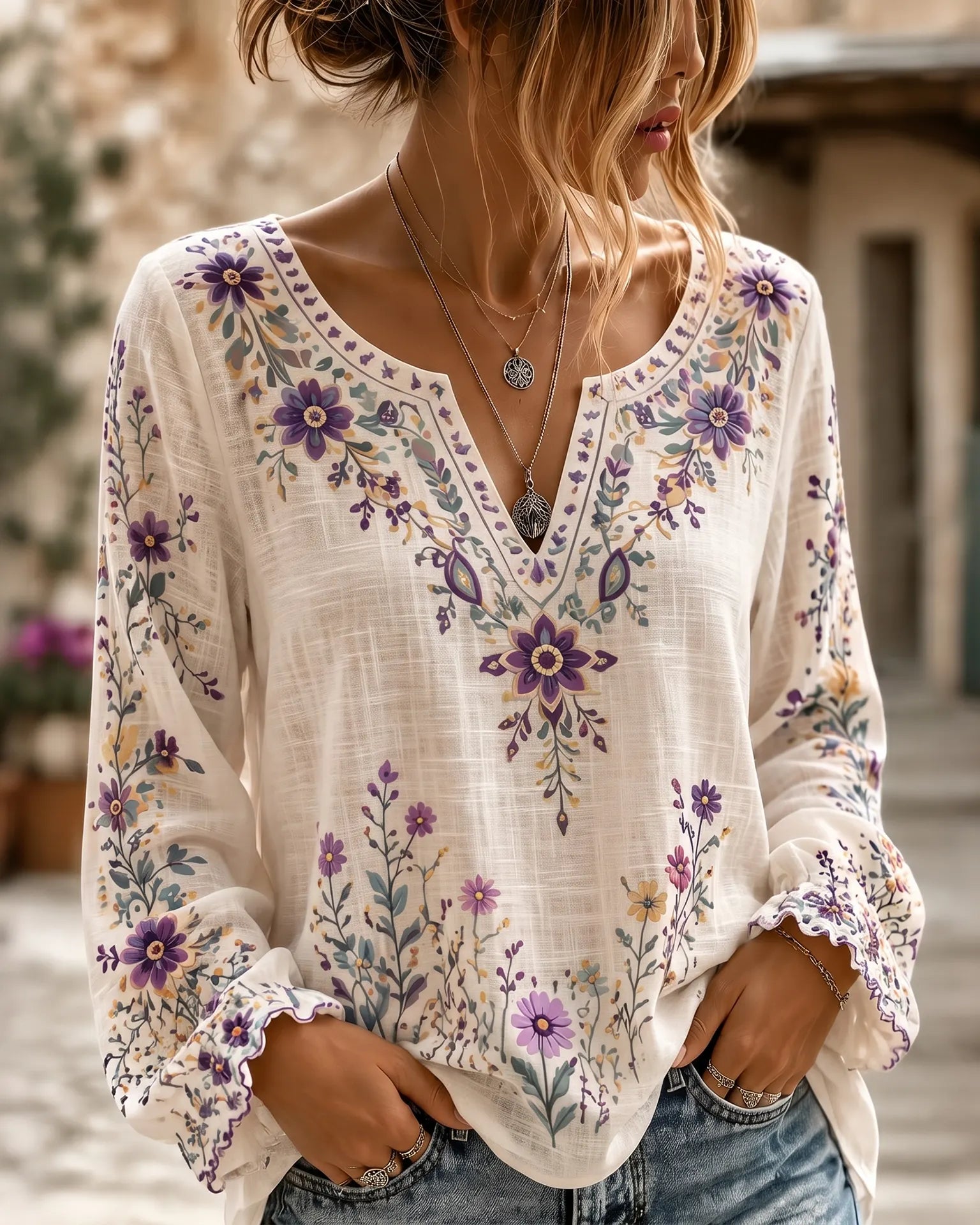 Women's Retro Boho Floral Art Cotton Linen V Neck T-shirt